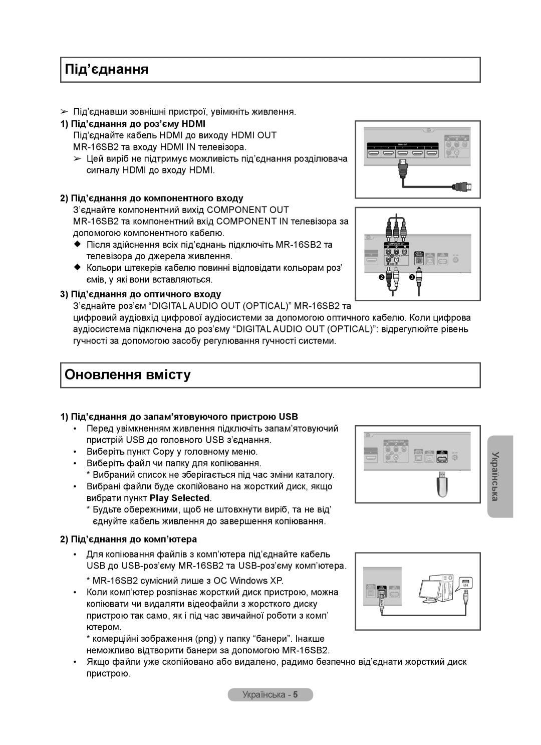 Samsung MR-16SB2 Оновлення вмісту, 1 Під’єднання до роз’єму HDMI, 2 Під’єднання до компонентного входу, Українська 