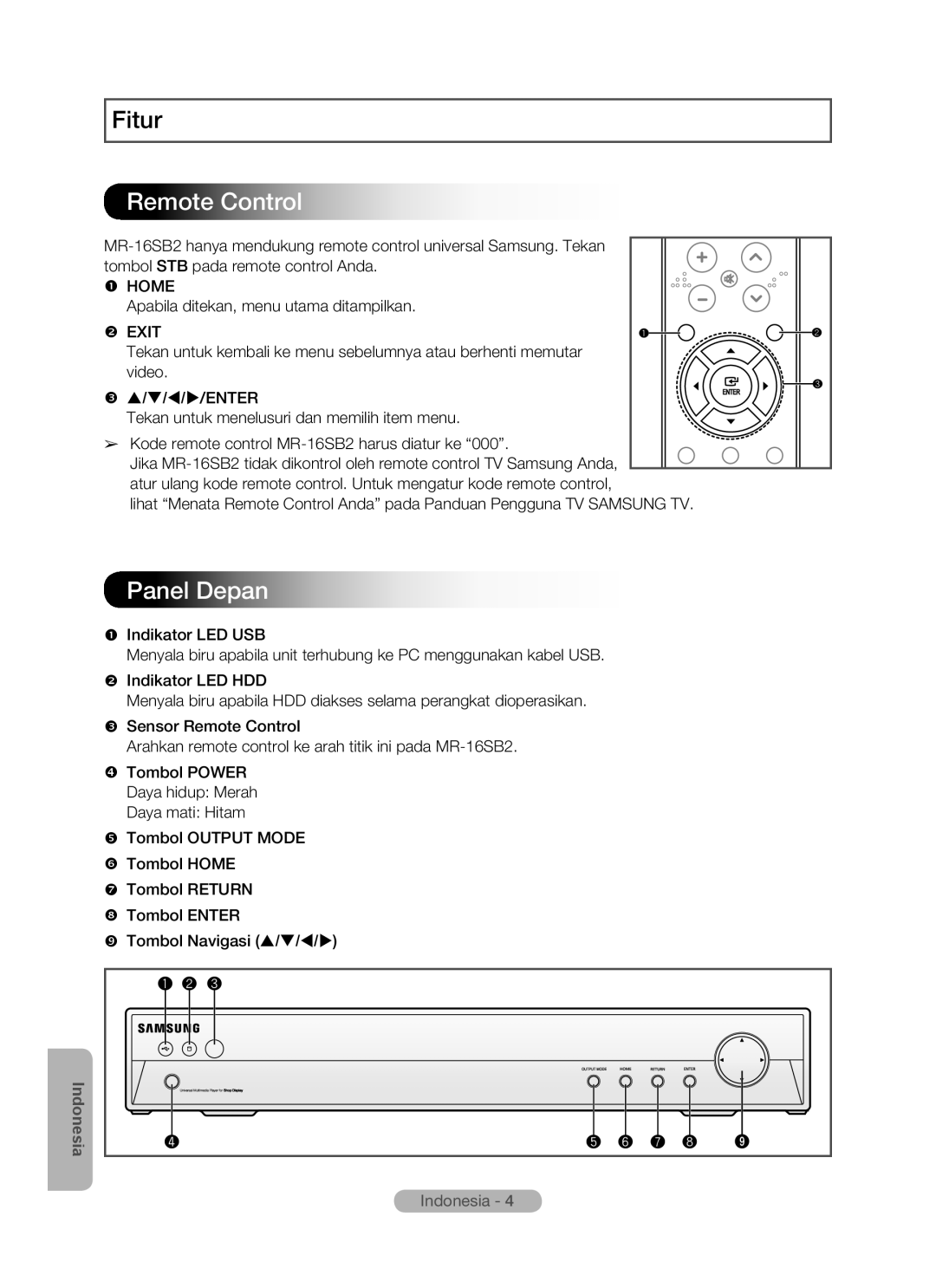 Samsung MR-16SB2 manual Panel Depan, Fitur, Remote Control,  HOME Apabila ditekan, menu utama ditampilkan  EXIT 