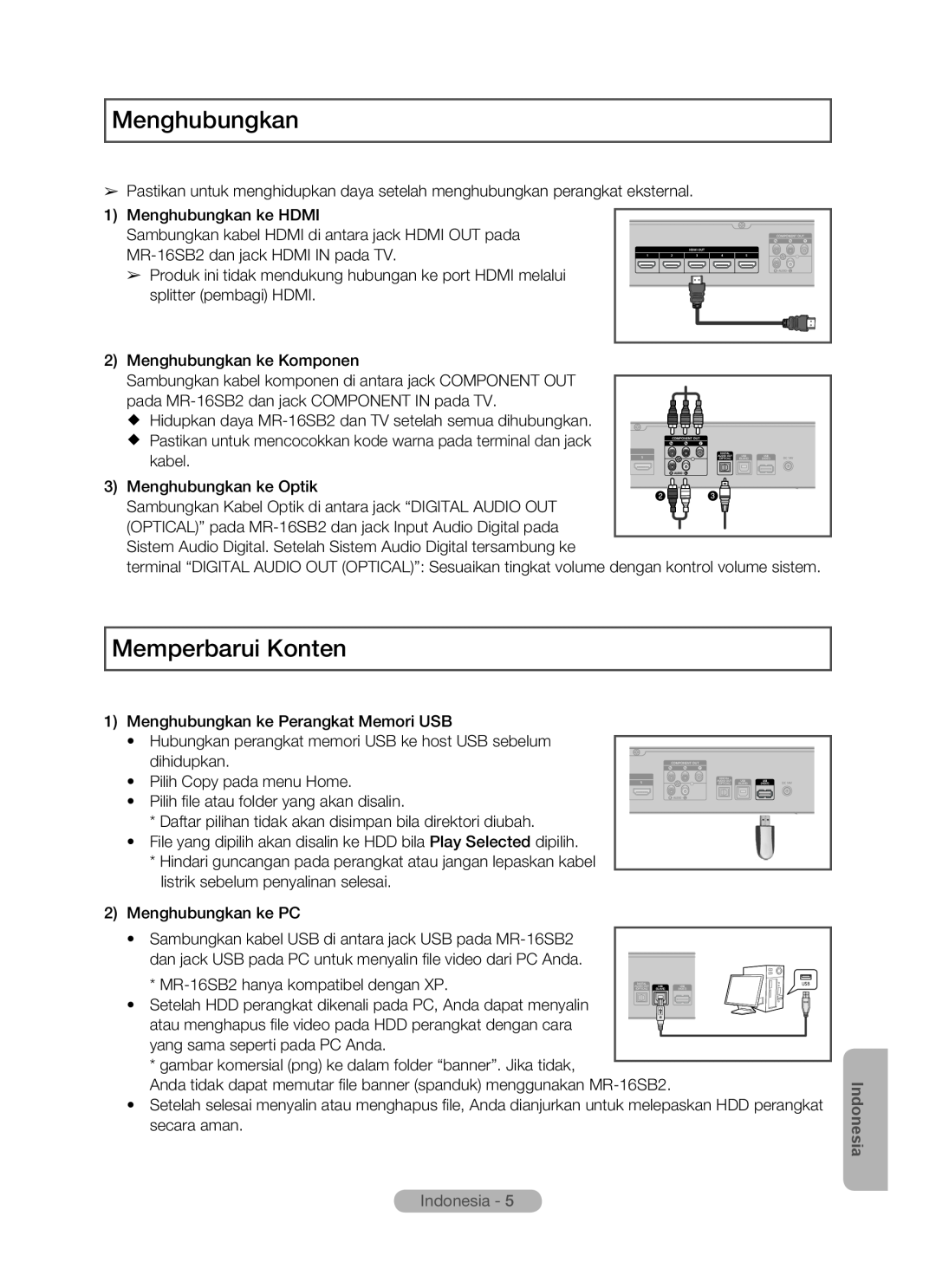 Samsung MR-16SB2 manual Menghubungkan, Memperbarui Konten, Indonesia 