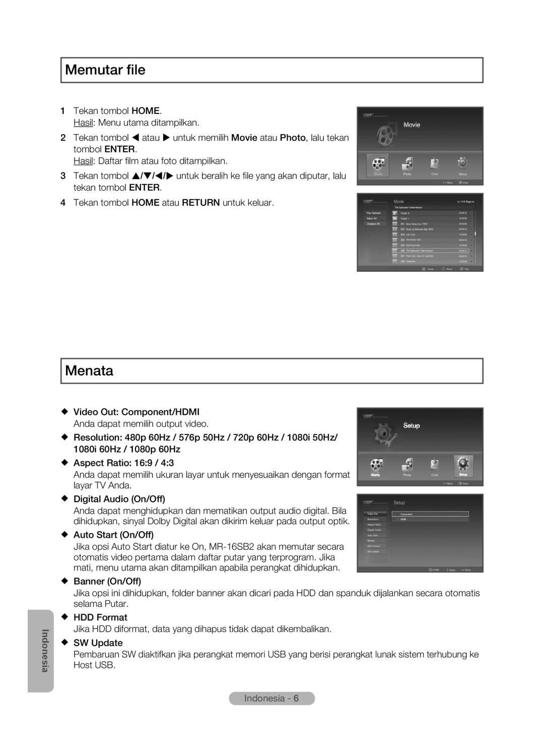 Samsung MR-16SB2 manual Memutar file, Menata, Indonesia 