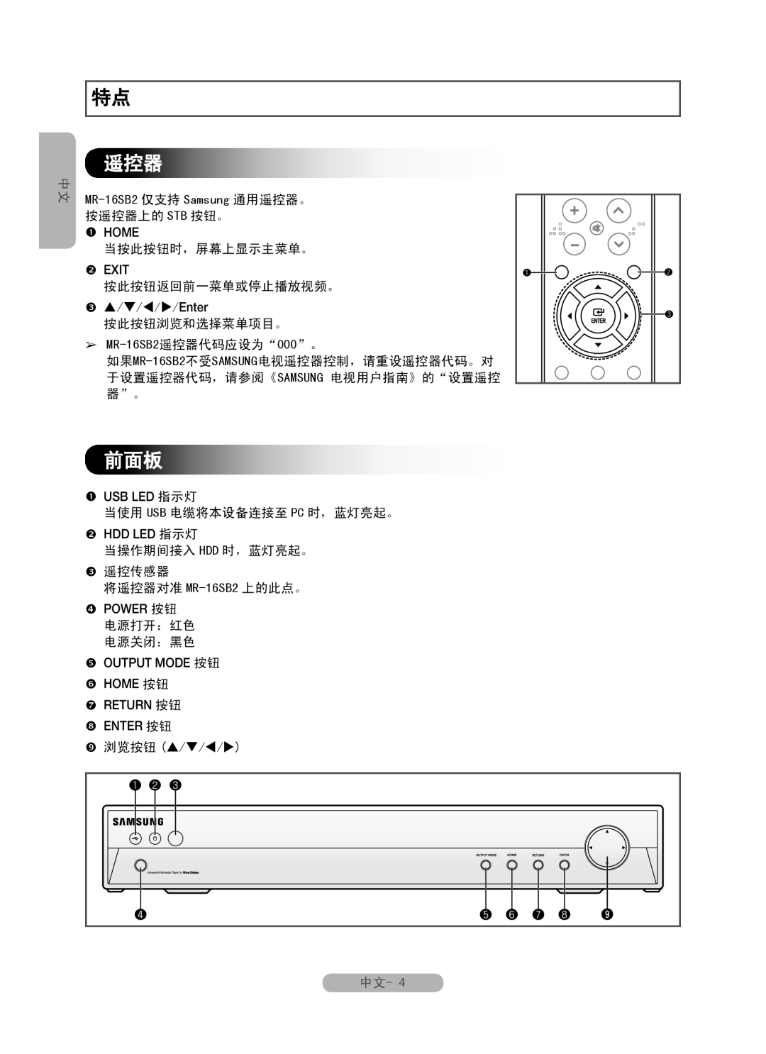 Samsung manual MR-16SB2 仅支持 Samsung 通用遥控器。,  Home,  Exit,  ////Enter, MR-16SB2遥控器代码应设为“000”。,  Usb Led 指示灯 