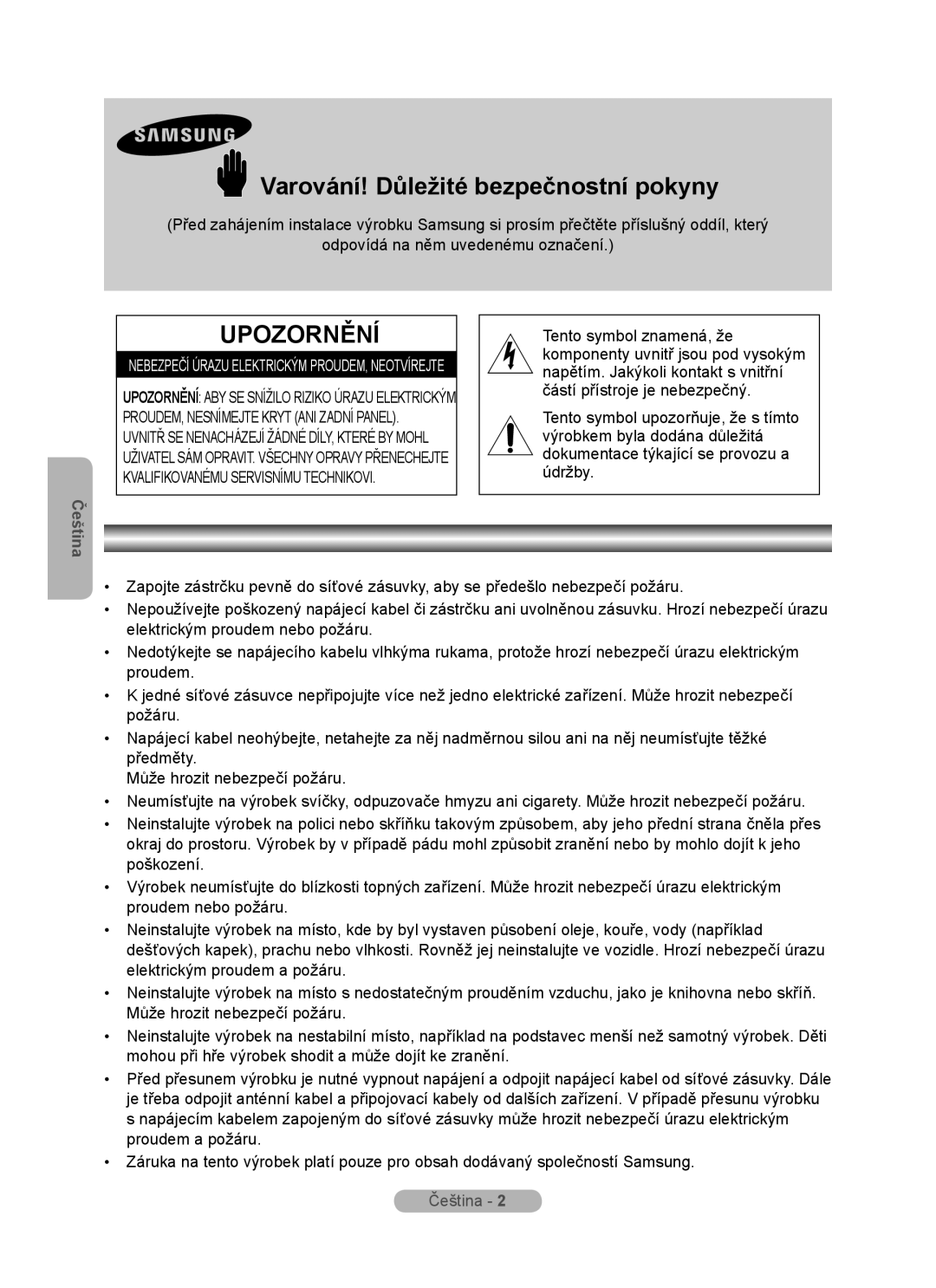 Samsung MR-16SB2 manual Varování! Důležité bezpečnostní pokyny, Upozornění, Čeština 