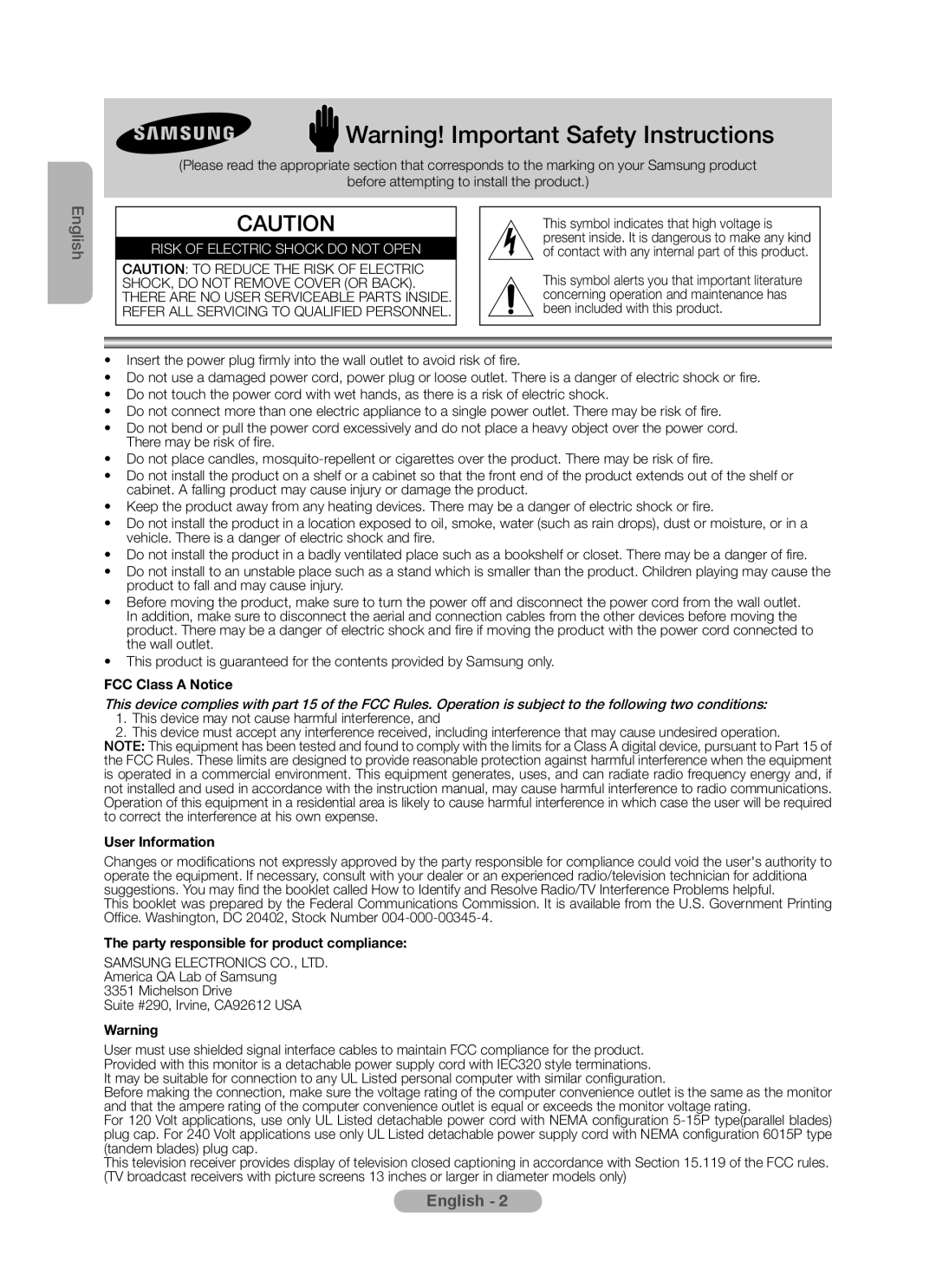 Samsung MR-16SB2 Warning! Important Safety Instructions, English, Risk Of Electric Shock Do Not Open, FCC Class A Notice 