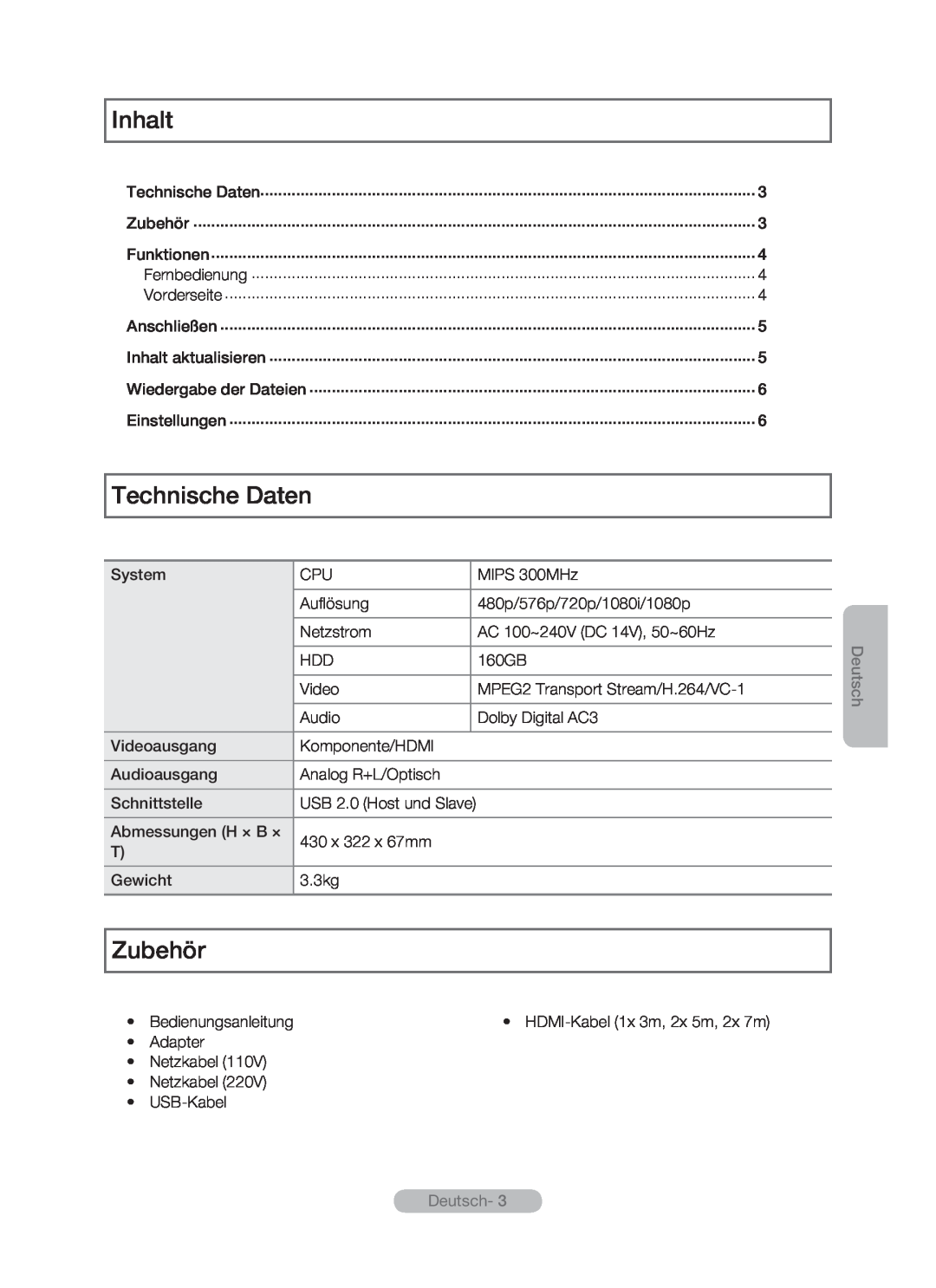 Samsung MR-16SB2 manual Inhalt, Technische Daten, Zubehör, Deutsch-  