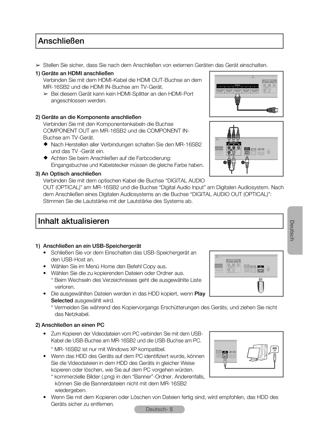 Samsung MR-16SB2 manual Anschließen, Inhalt aktualisieren, Deutsch 