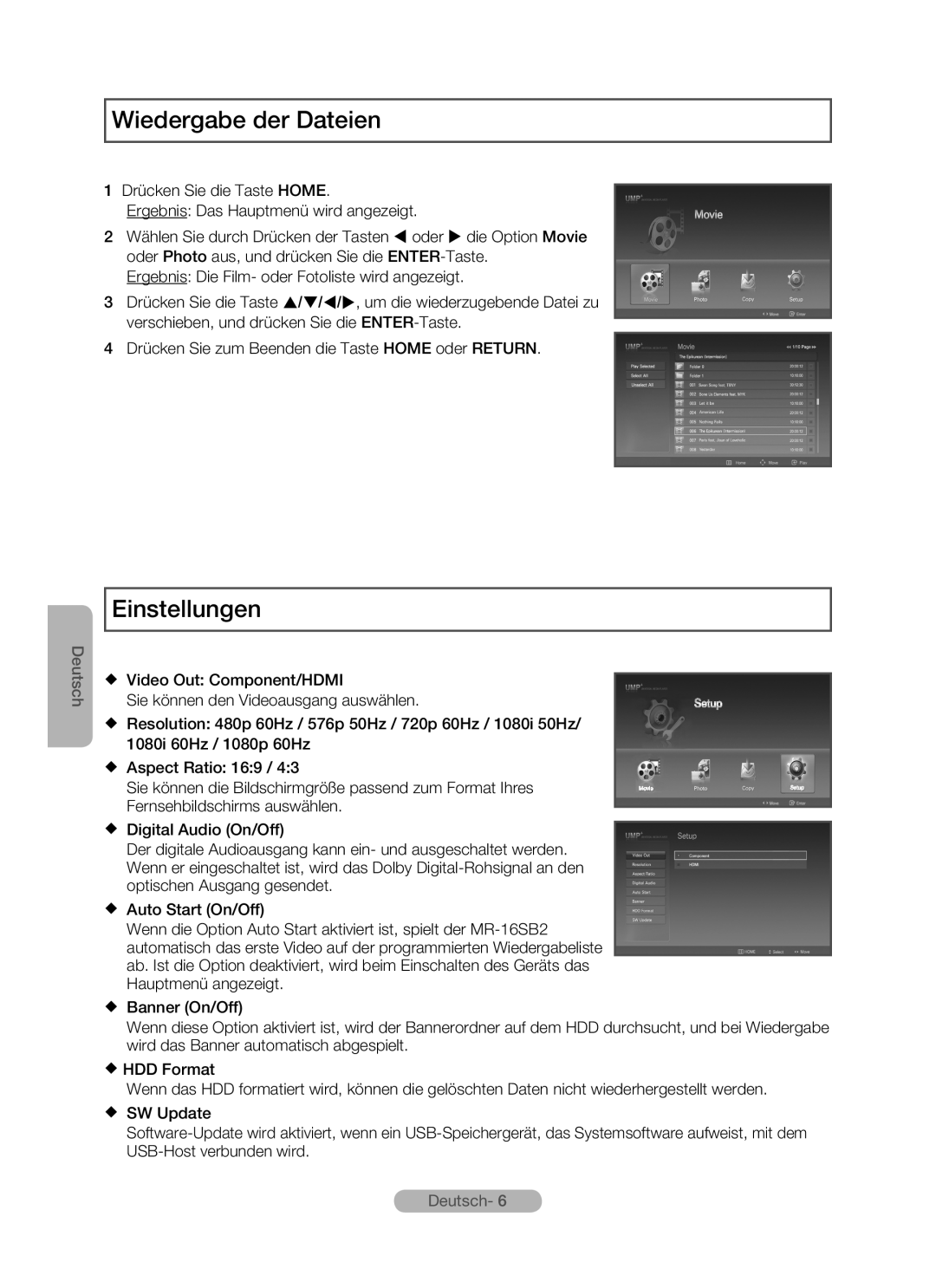 Samsung MR-16SB2 manual Wiedergabe der Dateien, Einstellungen, Deutsch 