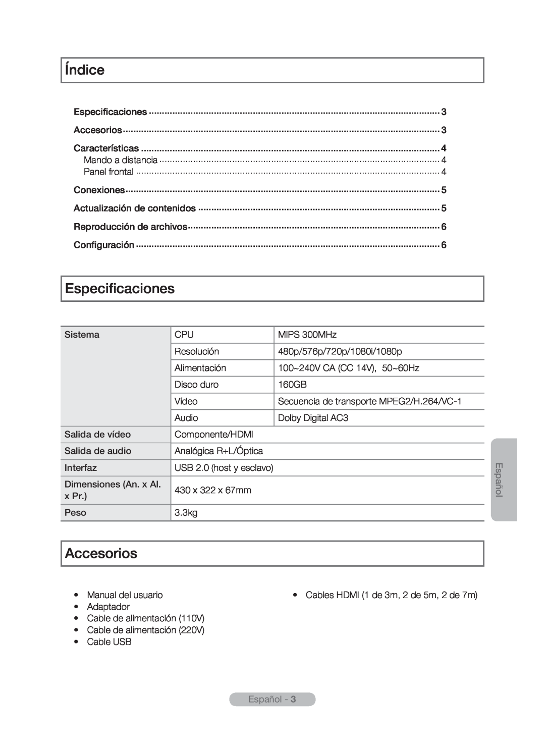 Samsung MR-16SB2 manual Índice, Especificaciones, Accesorios, Español -  