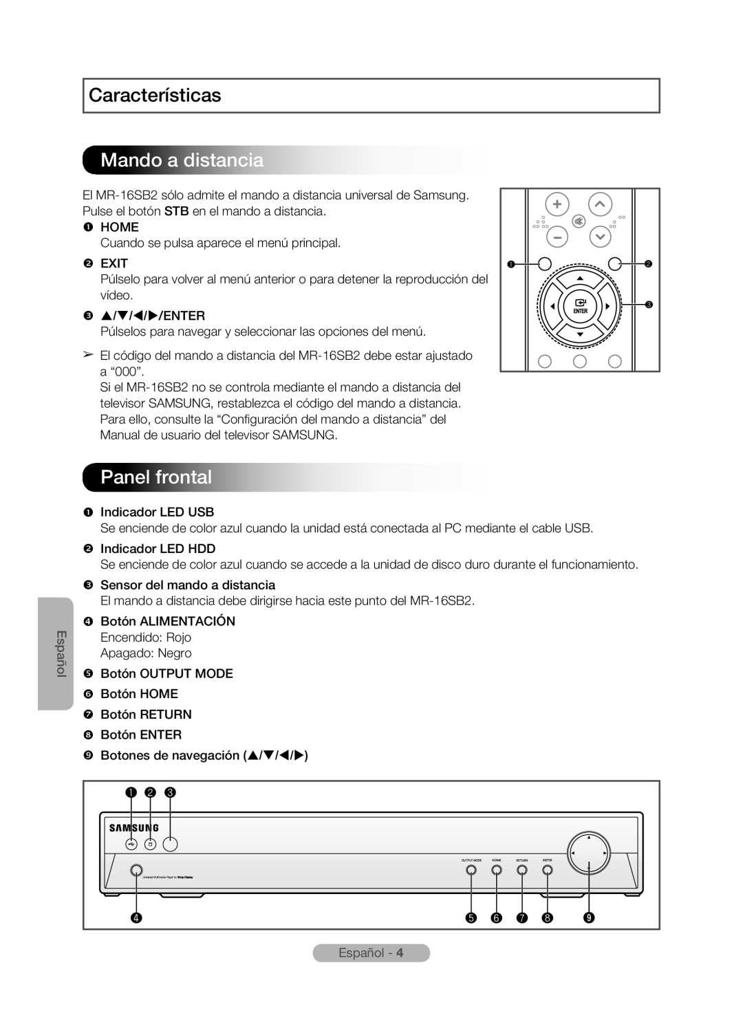 Samsung MR-16SB2 manual Mando a distancia, Panel frontal, Características, Español -  