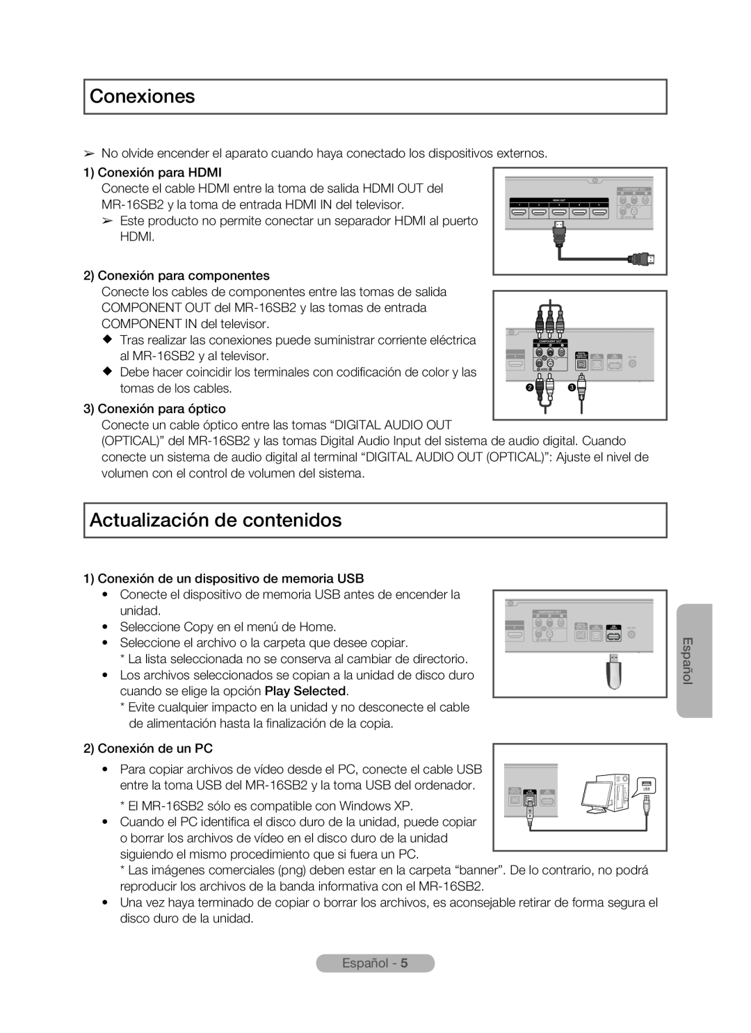 Samsung MR-16SB2 manual Conexiones, Actualización de contenidos, Español 