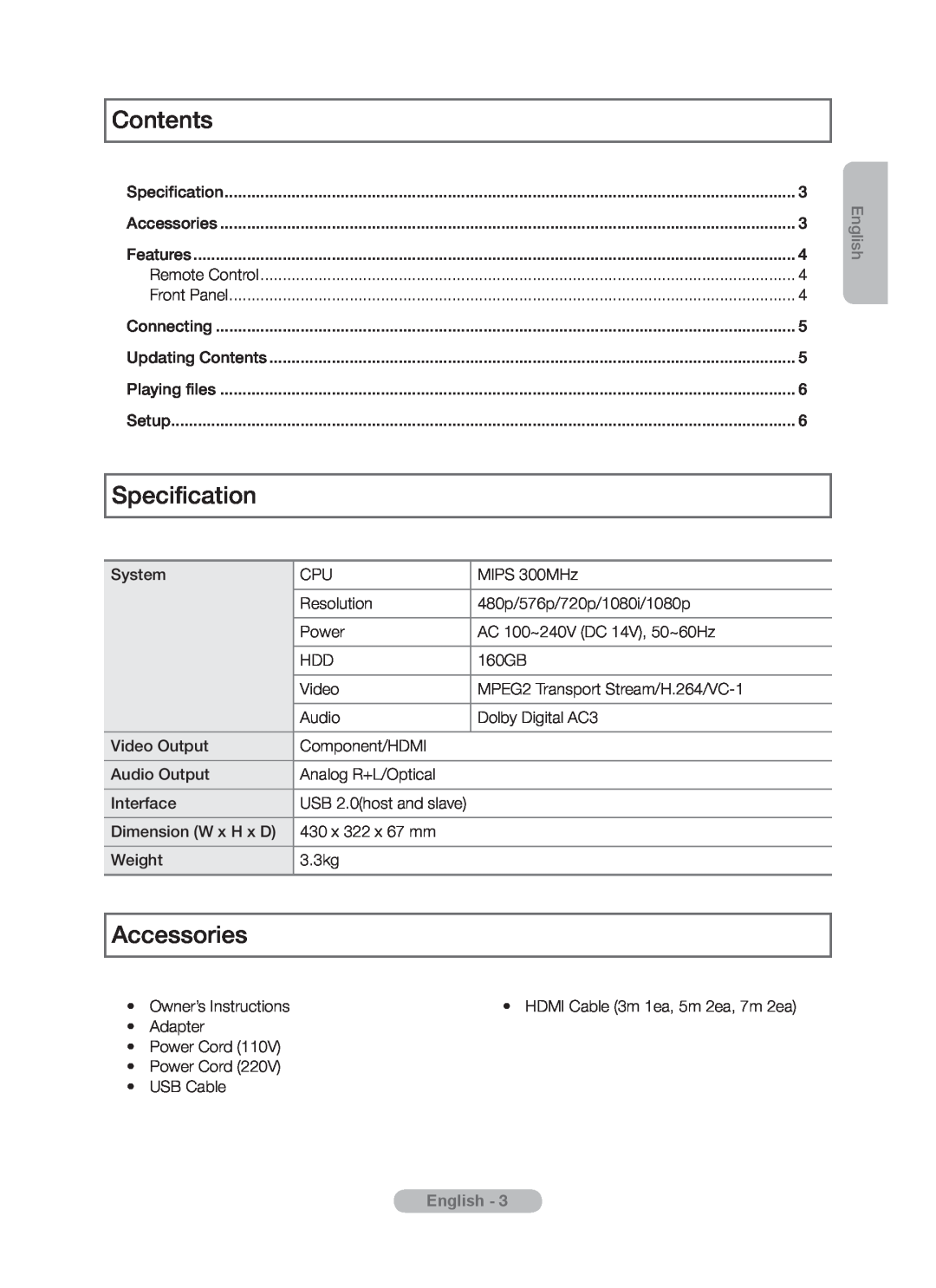 Samsung MR-16SB2 manual Contents, Specification, Accessories, English 