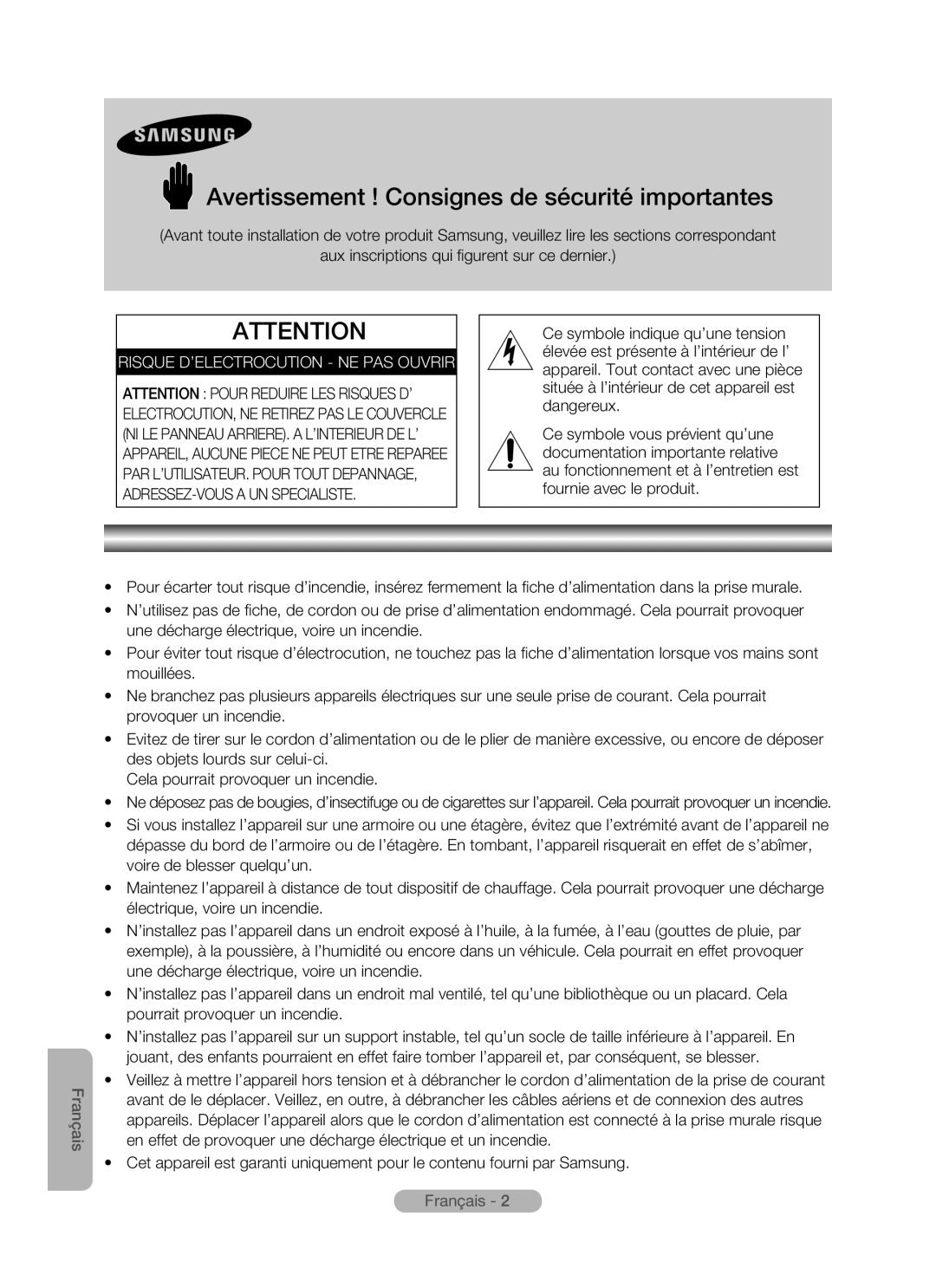 Samsung MR-16SB2 manual Avertissement ! Consignes de sécurité importantes, Risque D’Electrocution - Ne Pas Ouvrir, Français 