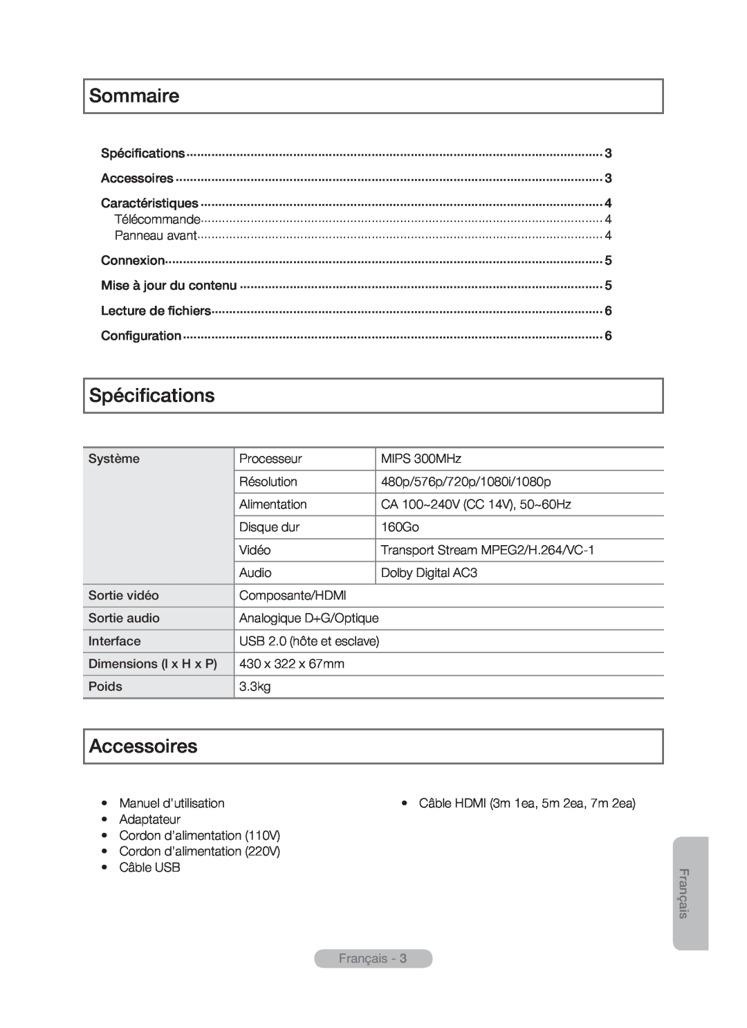Samsung MR-16SB2 manual Sommaire, Spécifications, Accessoires, Français -  