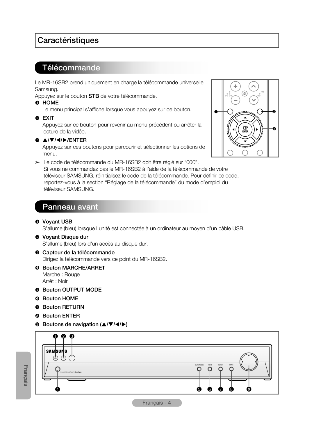 Samsung MR-16SB2 manual Télécommande, Panneau avant, Caractéristiques 