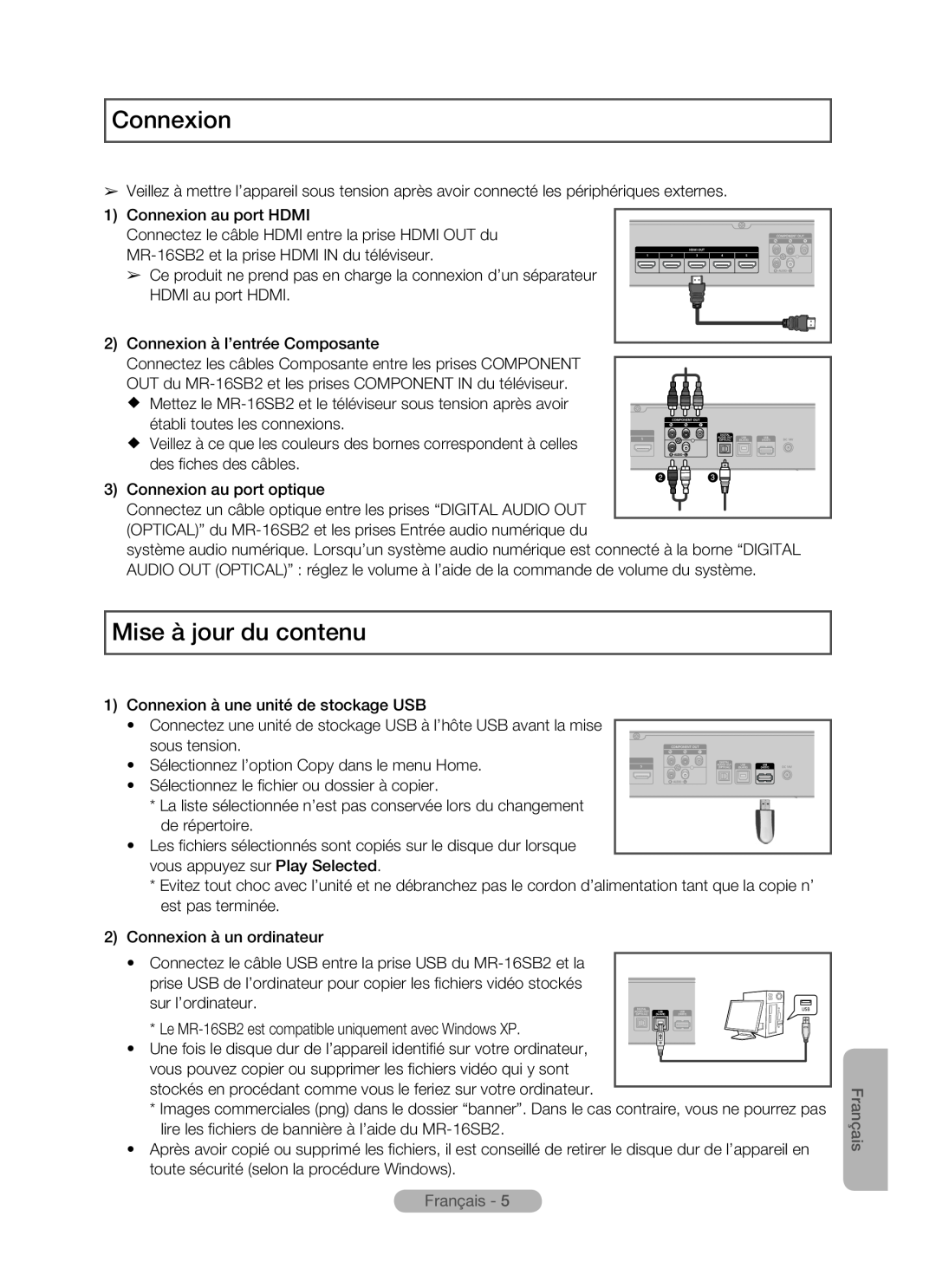 Samsung MR-16SB2 manual Connexion, Mise à jour du contenu, Français 
