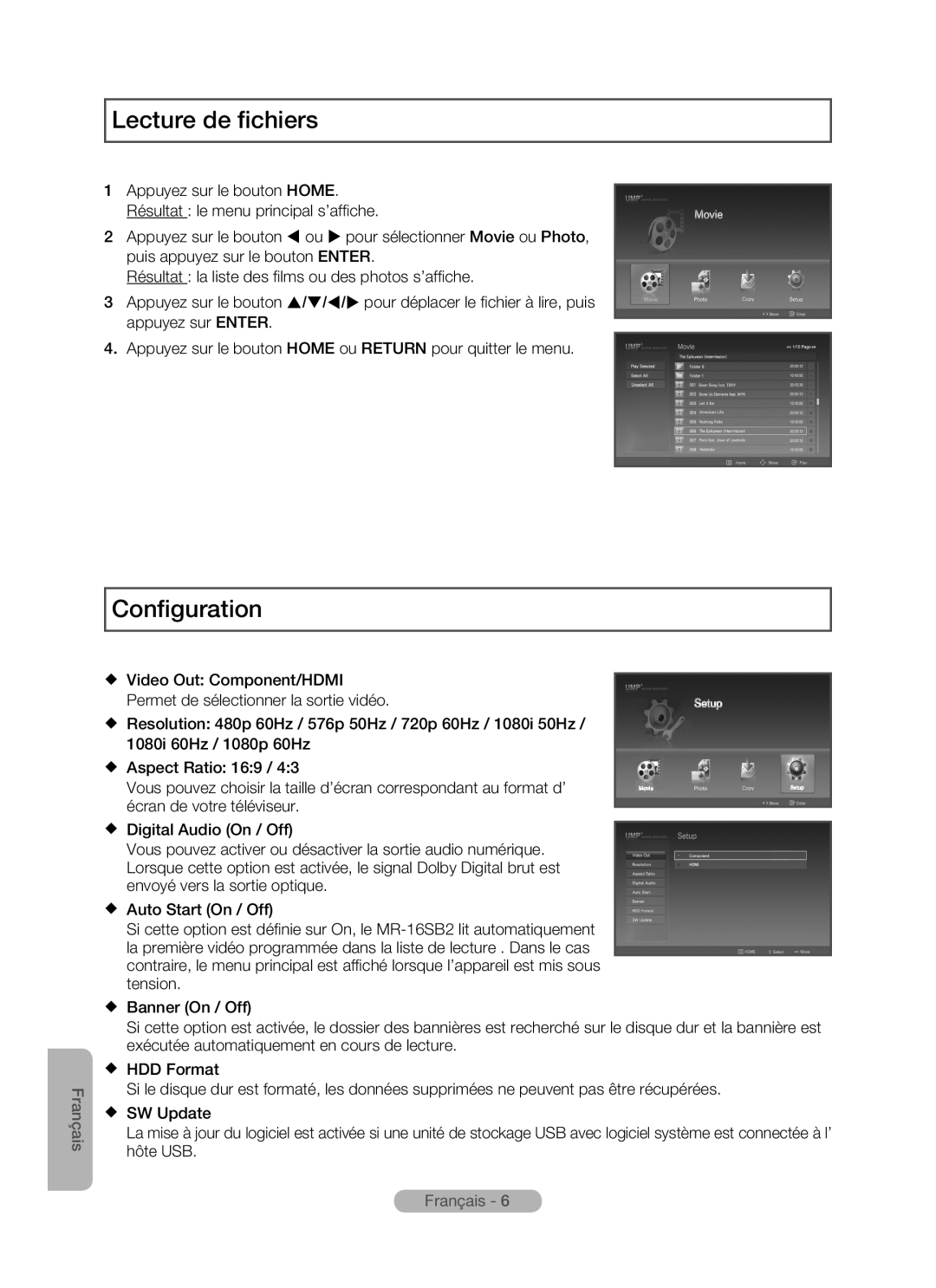 Samsung MR-16SB2 manual Lecture de fichiers, Configuration, Français 