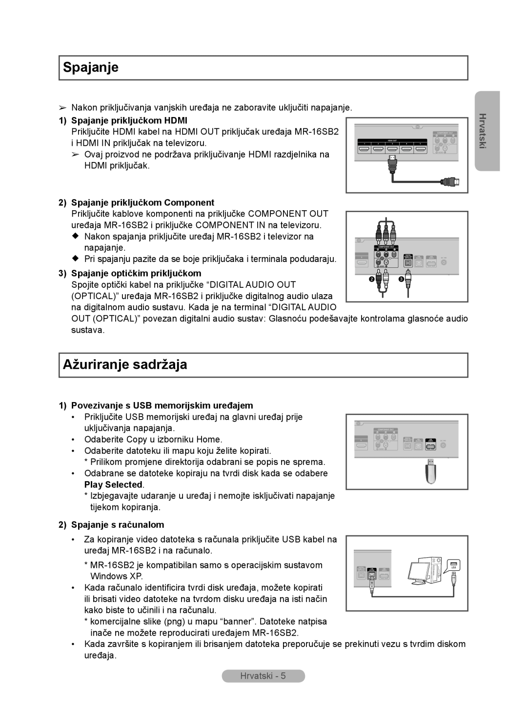 Samsung MR-16SB2 manual Ažuriranje sadržaja, Spajanje priključkom HDMI, Spajanje priključkom Component, Play Selected 