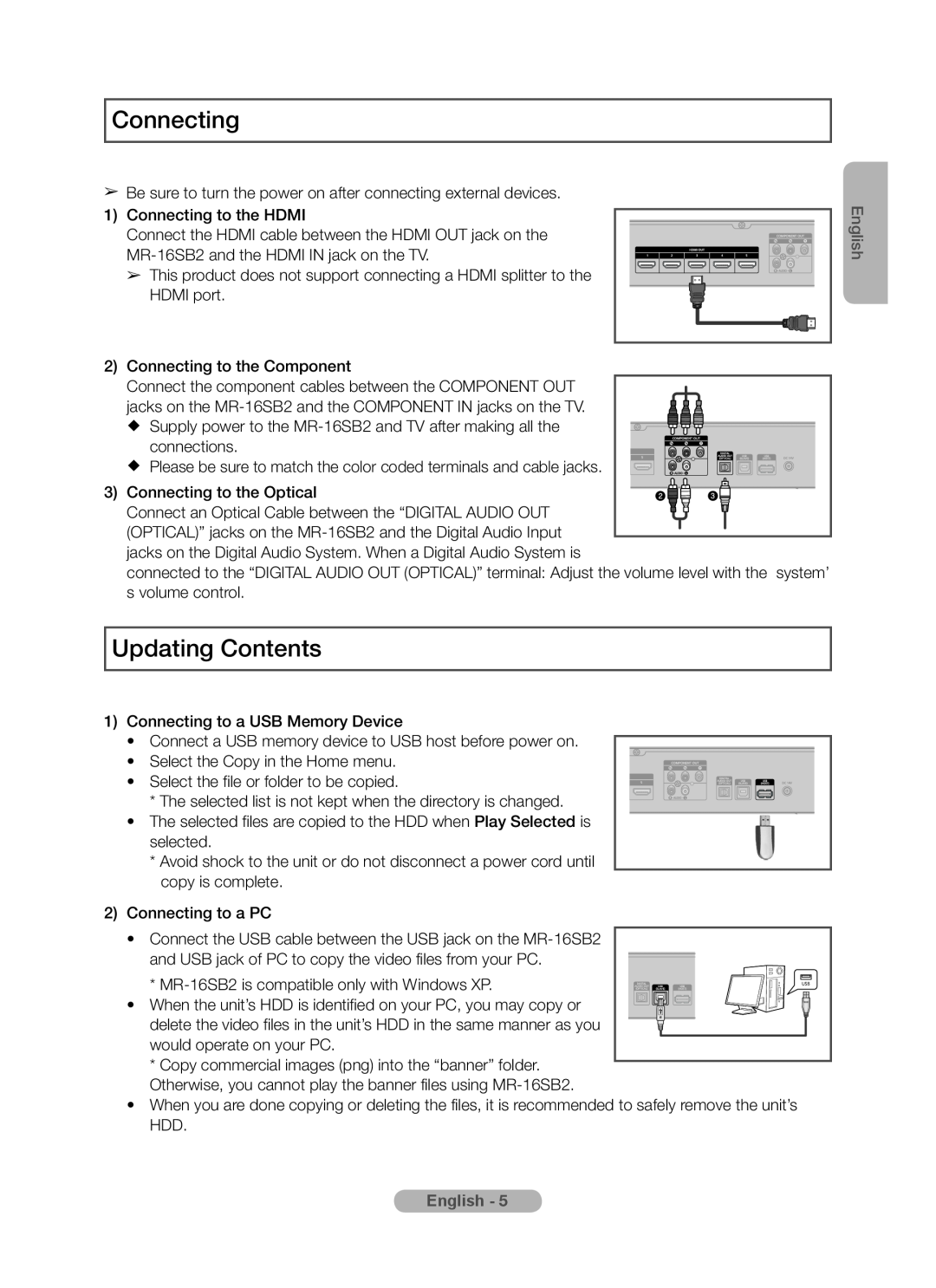 Samsung MR-16SB2 manual Connecting, Updating Contents, English 