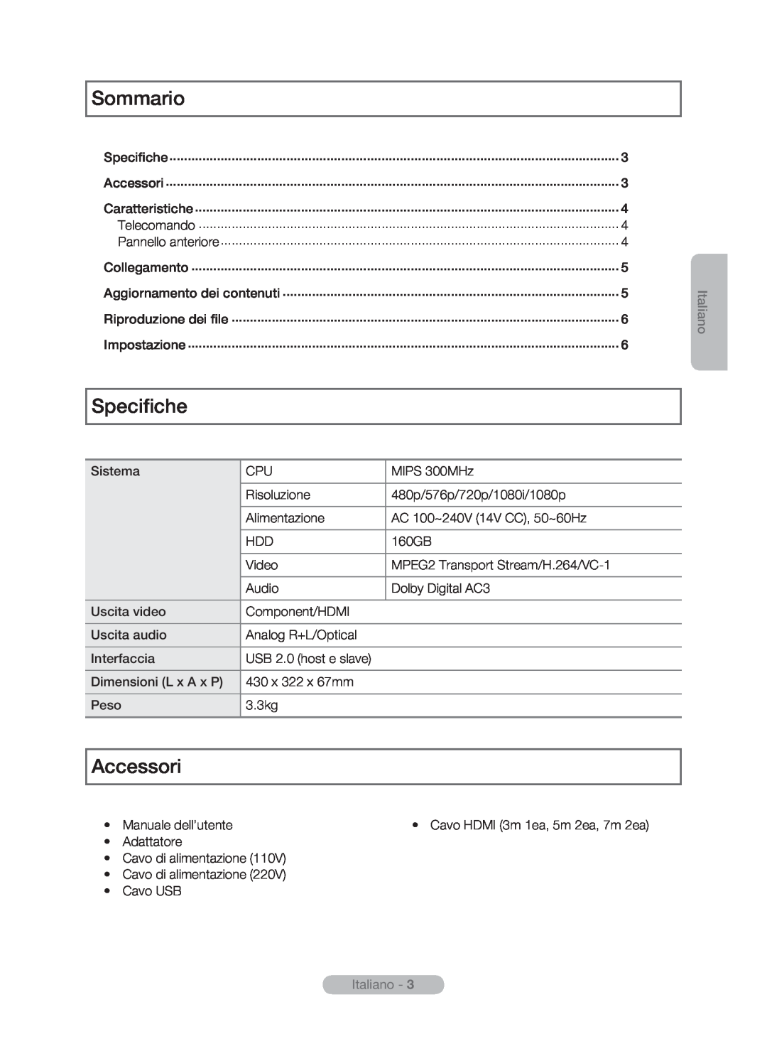 Samsung MR-16SB2 manual Sommario, Specifiche, Accessori, Italiano -  