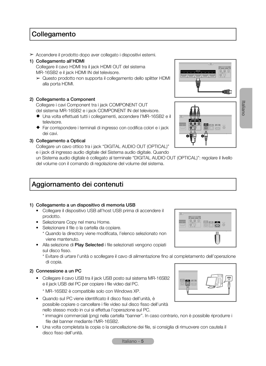 Samsung MR-16SB2 manual Collegamento, Aggiornamento dei contenuti, Italiano 