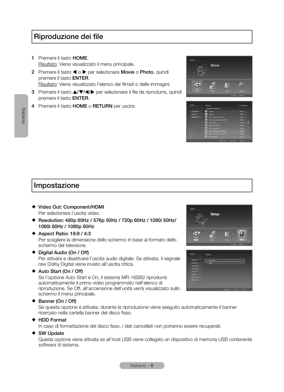 Samsung MR-16SB2 manual Riproduzione dei file, Impostazione, Italiano -  