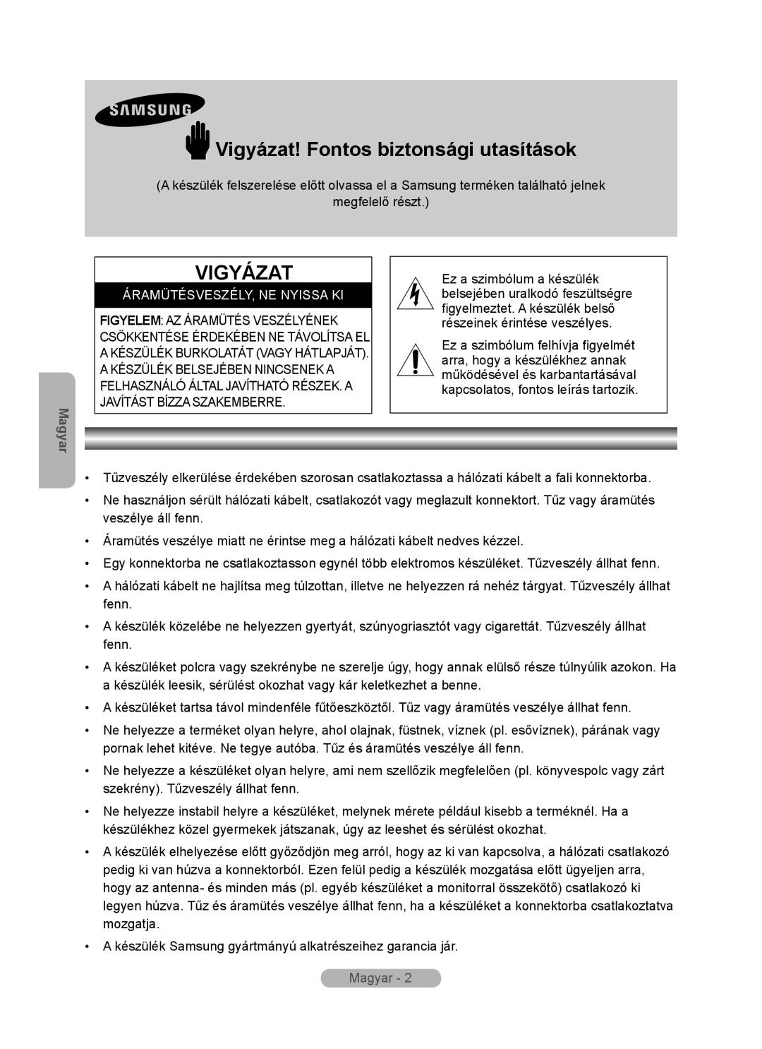 Samsung MR-16SB2 manual Vigyázat! Fontos biztonsági utasítások, Magyar, Áramütésveszély, Ne Nyissa Ki 