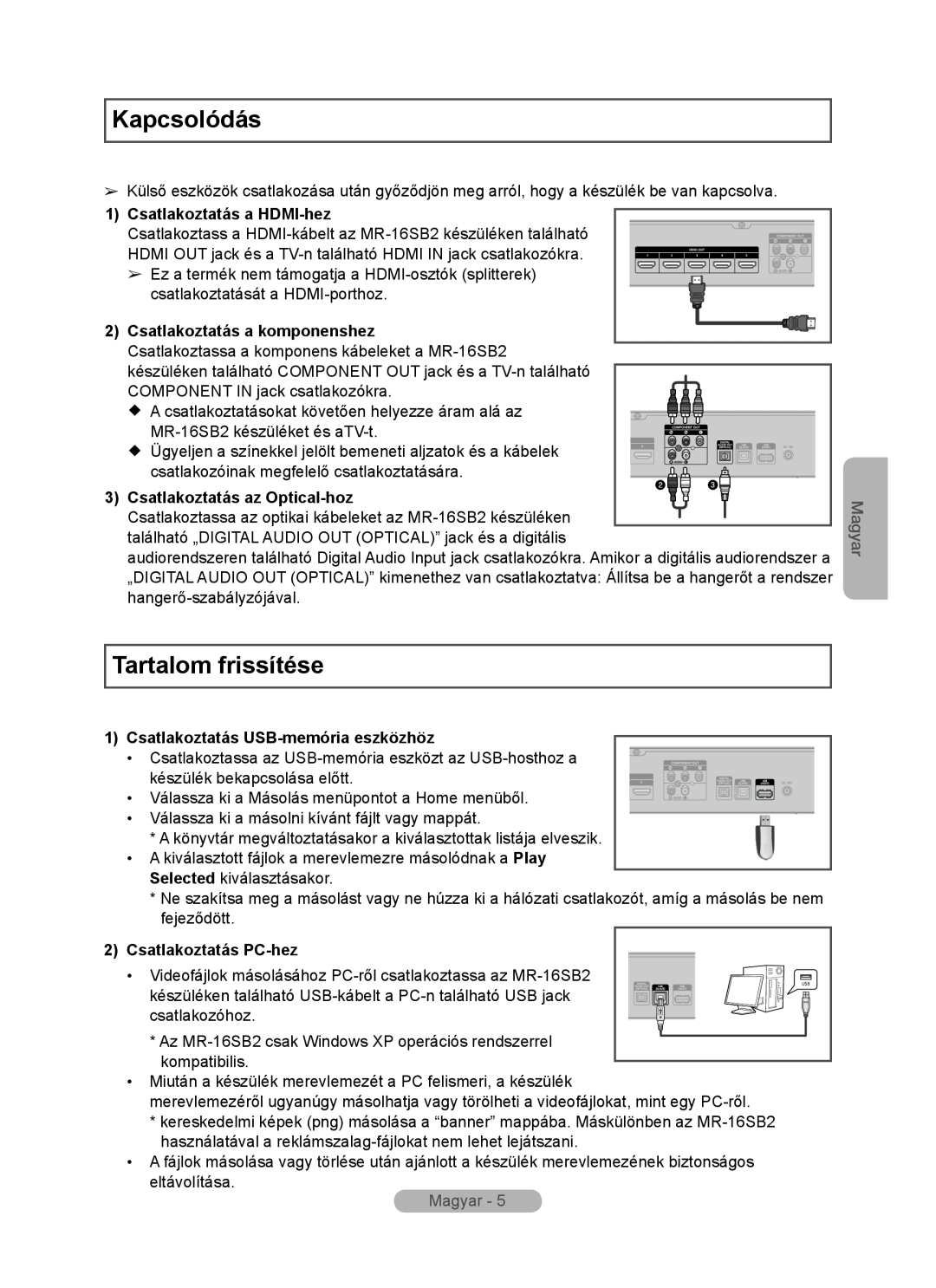 Samsung MR-16SB2 manual Kapcsolódás, Tartalom frissítése, Csatlakoztatás a HDMI-hez, Csatlakoztatás az Optical-hoz, Magyar 