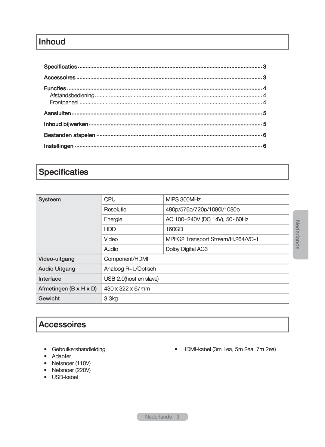 Samsung MR-16SB2 manual Inhoud, Specificaties, Accessoires, Nederlands -  
