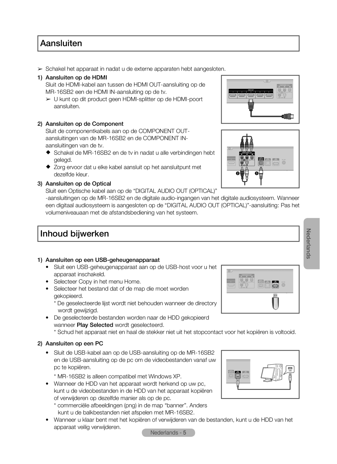 Samsung MR-16SB2 manual Aansluiten, Inhoud bijwerken, Nederlands 