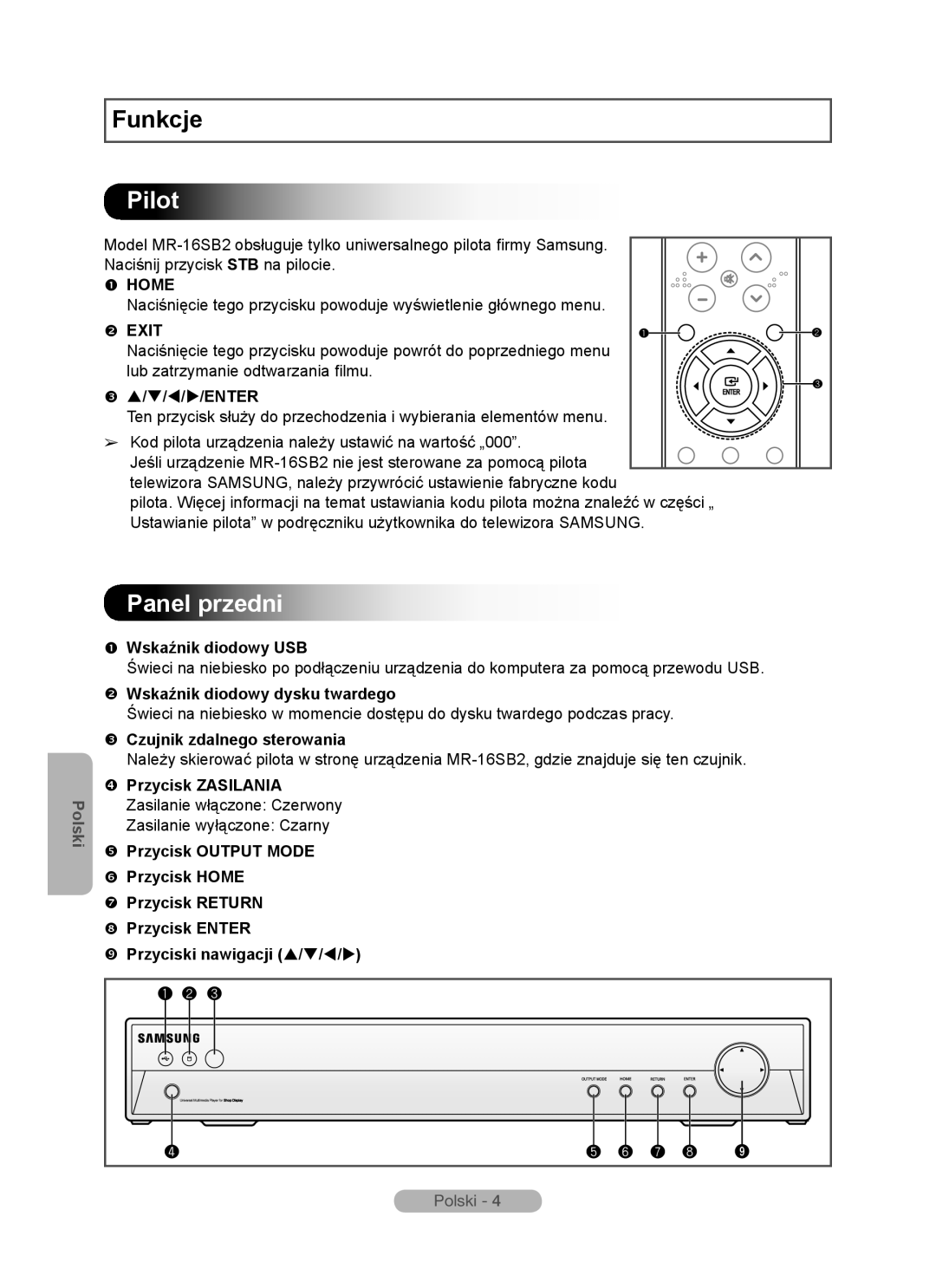 Samsung MR-16SB2 Pilot, Panel przedni,  Wskaźnik diodowy USB,  Wskaźnik diodowy dysku twardego, Funkcje,  Home,  Exit 