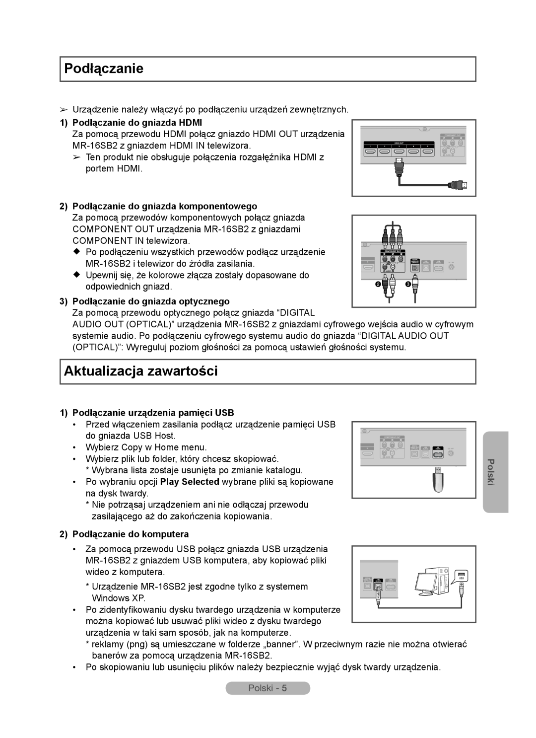 Samsung MR-16SB2 manual Aktualizacja zawartości, 1 Podłączanie do gniazda HDMI, 2 Podłączanie do gniazda komponentowego 