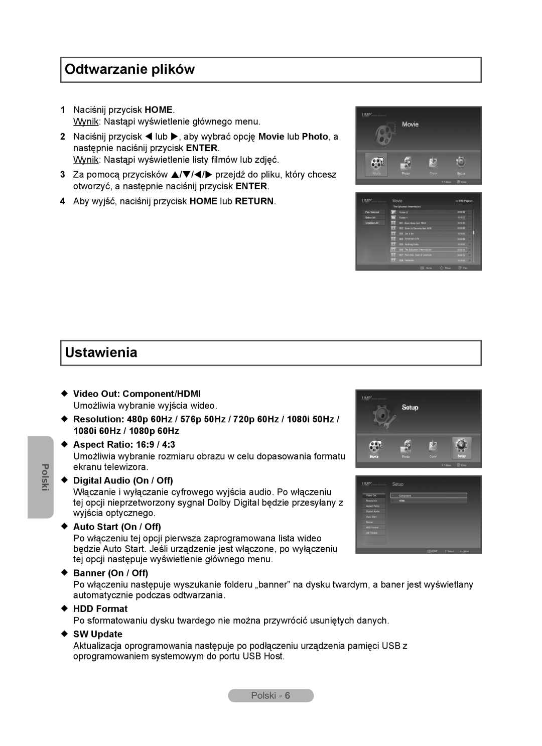 Samsung MR-16SB2 Odtwarzanie plików, Ustawienia, Polski,  Video Out Component/HDMI,  Aspect Ratio 169,  Banner On / Off 