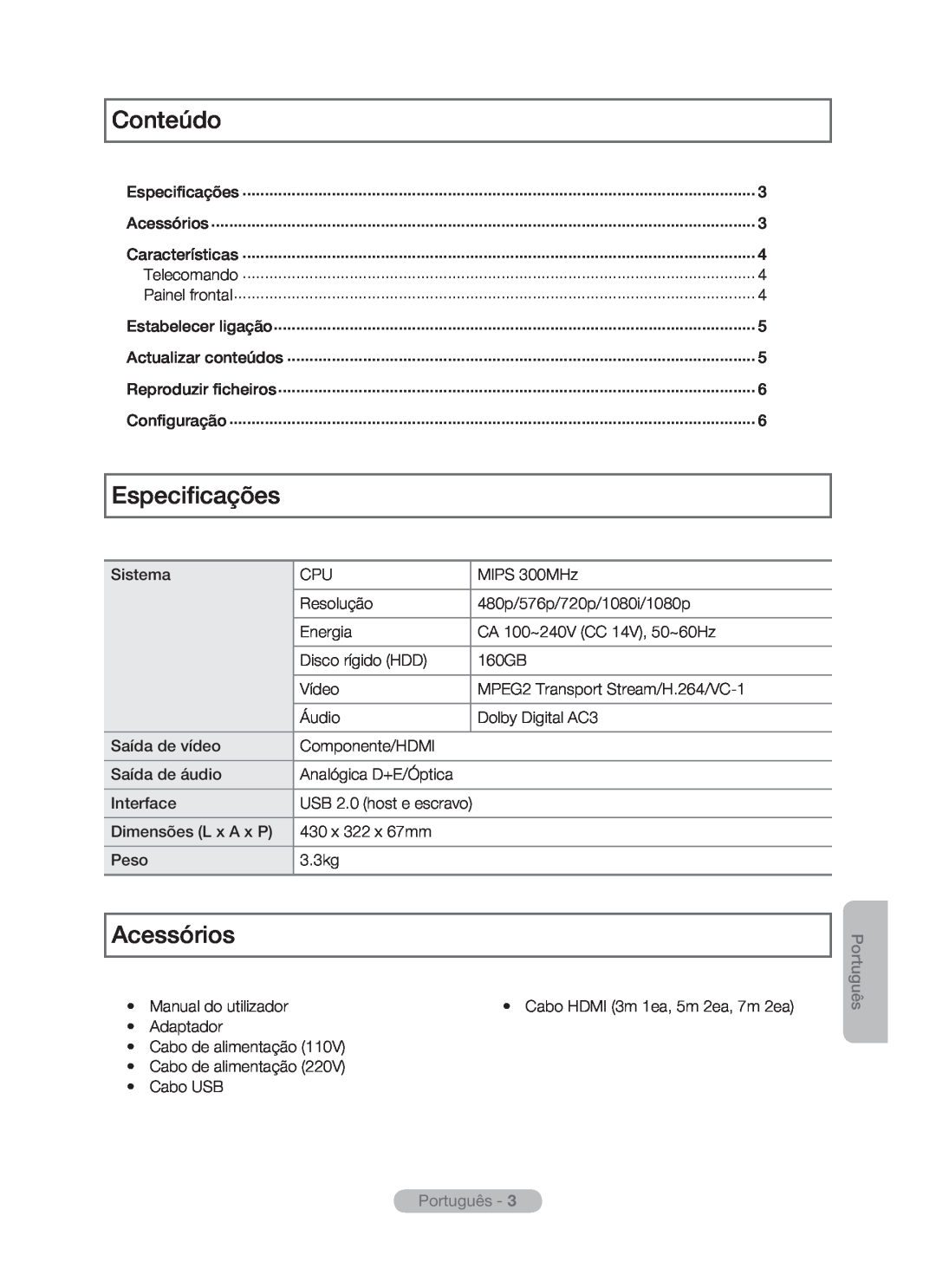 Samsung MR-16SB2 manual Conteúdo, Especificações, Acessórios, Português -  