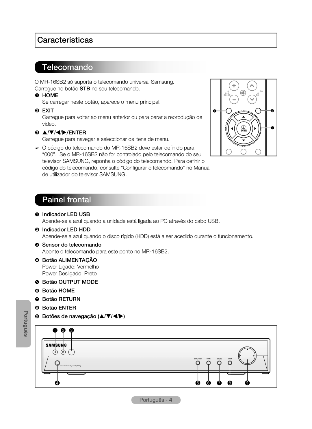 Samsung MR-16SB2 manual Painel frontal, Características, Telecomando, Português 