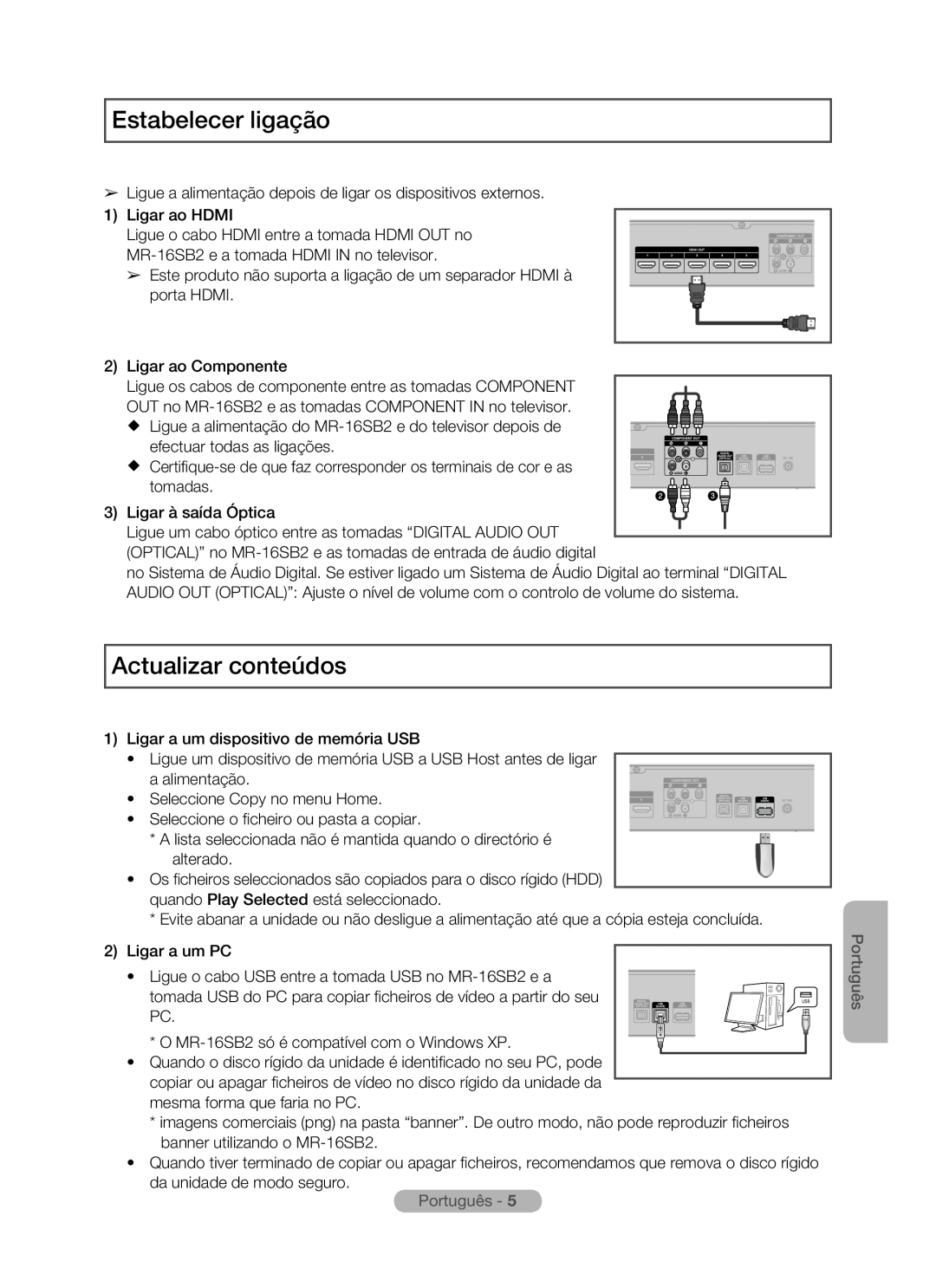Samsung MR-16SB2 manual Estabelecer ligação, Actualizar conteúdos, Português 