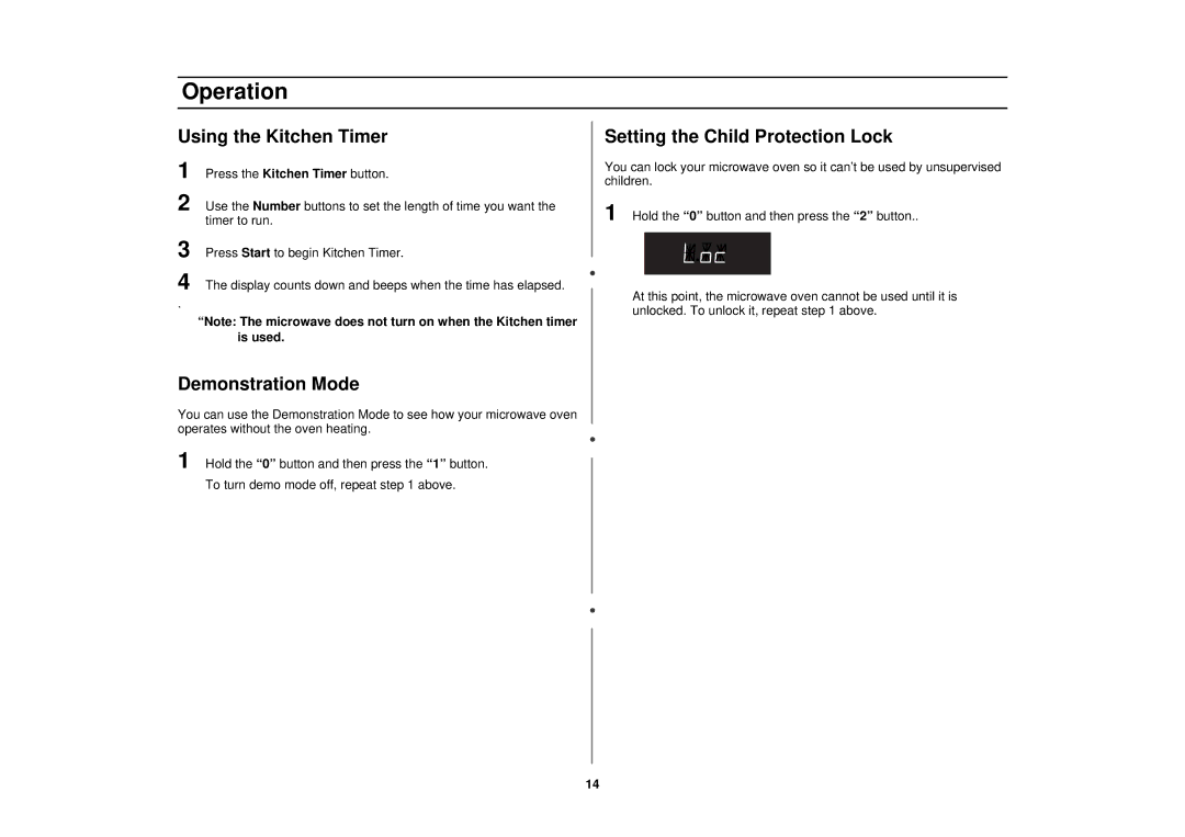 Samsung MR1033CSC, MR1031CWC, MR1032CBC manual Using the Kitchen Timer, Demonstration Mode, Setting the Child Protection Lock 