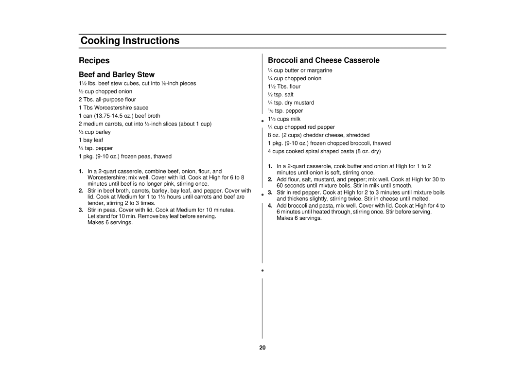 Samsung MR1033CSC, MR1031CWC, MR1032CBC manual Recipes, Beef and Barley Stew, Broccoli and Cheese Casserole 