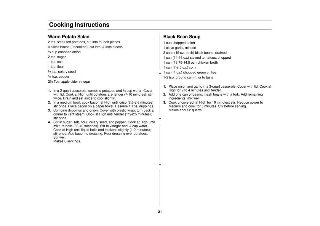 Samsung MR1031CWC, MR1032CBC, MR1033CSC manual Warm Potato Salad, Black Bean Soup 