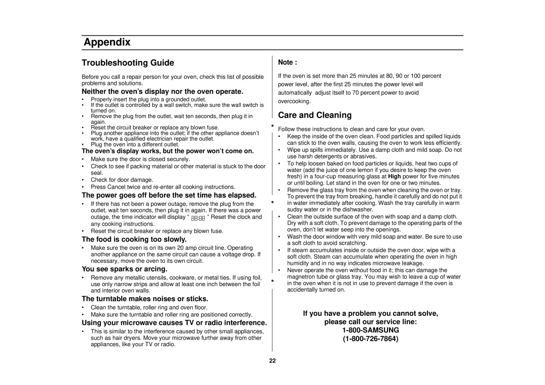 Samsung MR1032CBC, MR1031CWC, MR1033CSC manual Appendix, Troubleshooting Guide, Care and Cleaning 