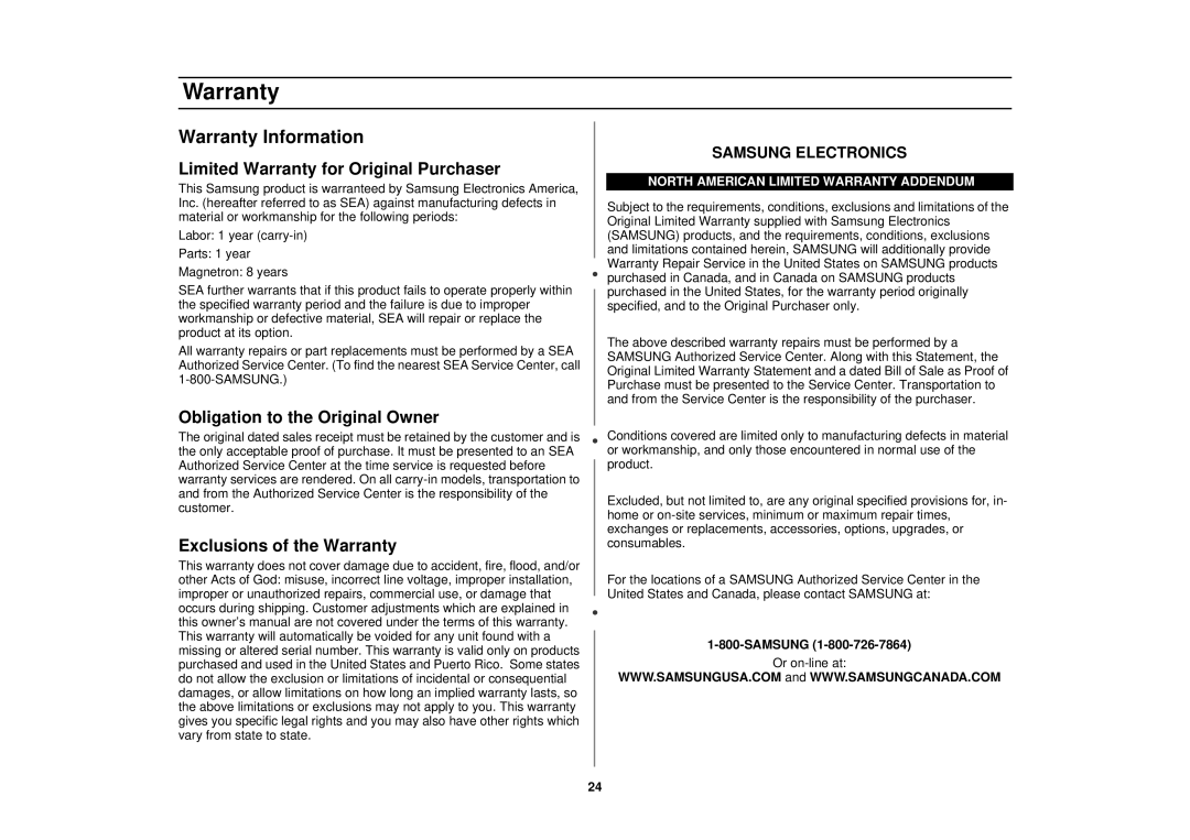 Samsung MR1031CWC Warranty Information, Limited Warranty for Original Purchaser, Obligation to the Original Owner 