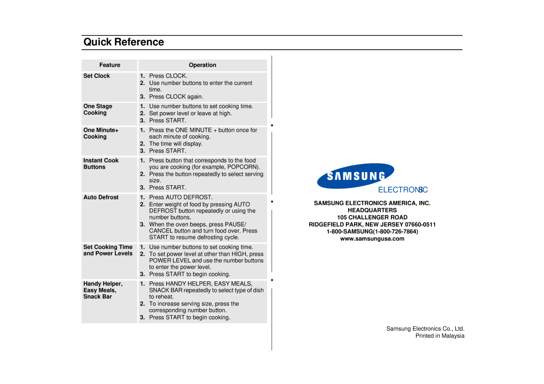 Samsung MR1033CSC, MR1031CWC, MR1032CBC manual Quick Reference, SAMSUNG1-800-726-7864 