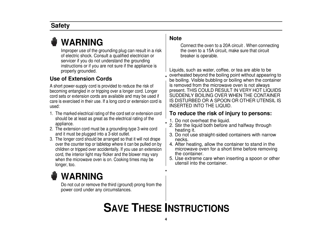 Samsung MR1032CBC, MR1031CWC, MR1033CSC manual Use of Extension Cords 