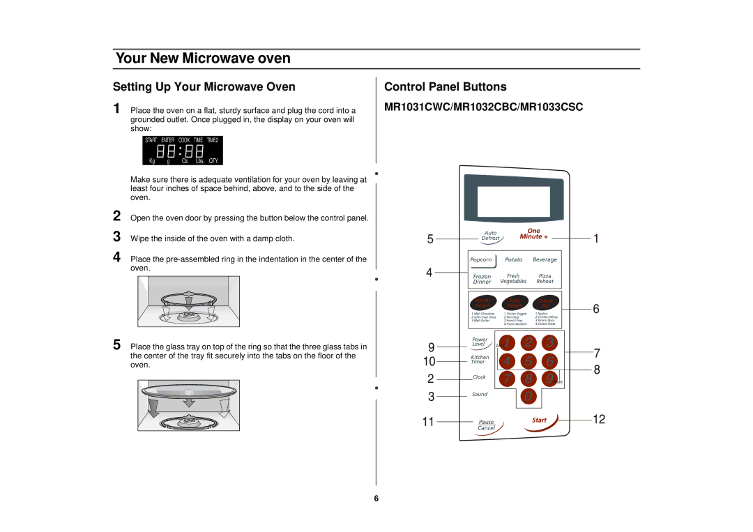 Samsung MR1031CWC, MR1032CBC, MR1033CSC manual Setting Up Your Microwave Oven, Control Panel Buttons 