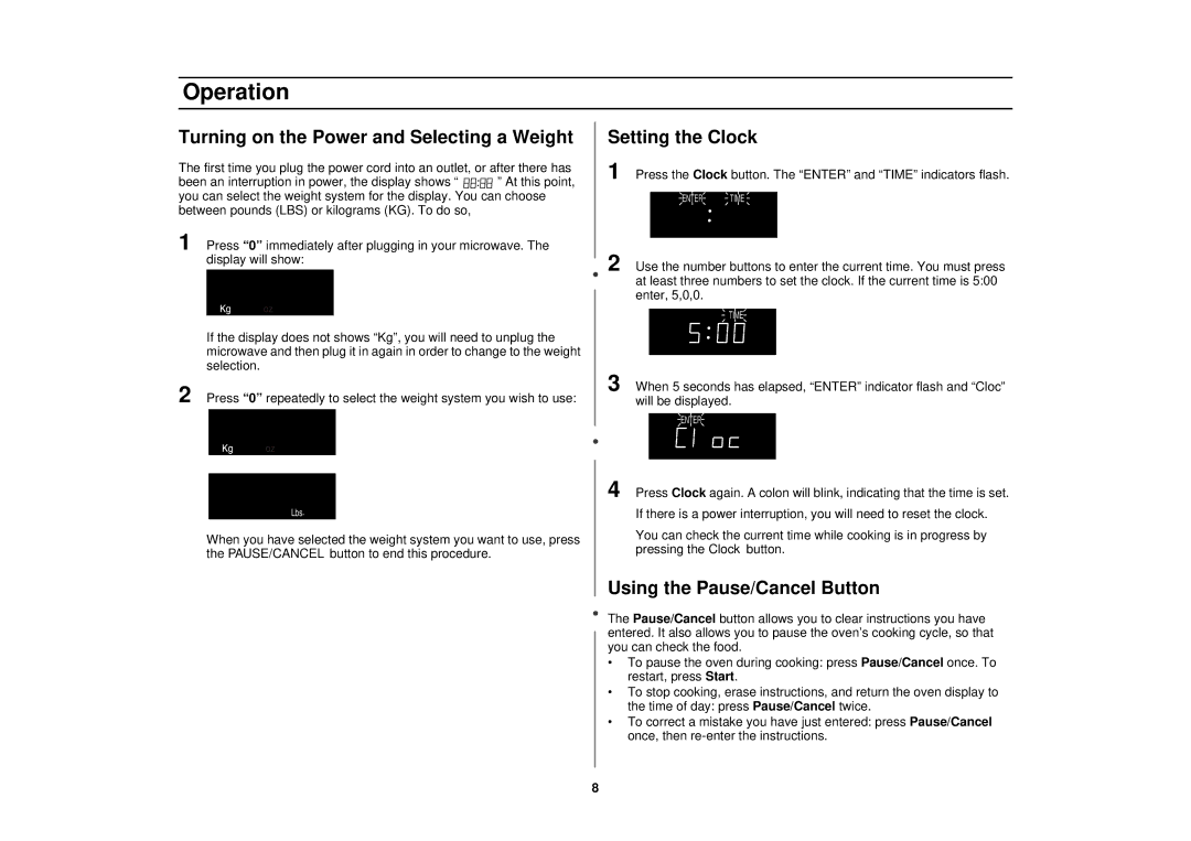 Samsung MR1033CSC Operation, Turning on the Power and Selecting a Weight, Setting the Clock, Using the Pause/Cancel Button 