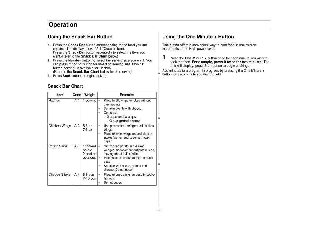 Samsung MR1032UBC, MR1033USC, MR1031UWC manual Using the Snack Bar Button, Using the One Minute + Button, Snack Bar Chart 