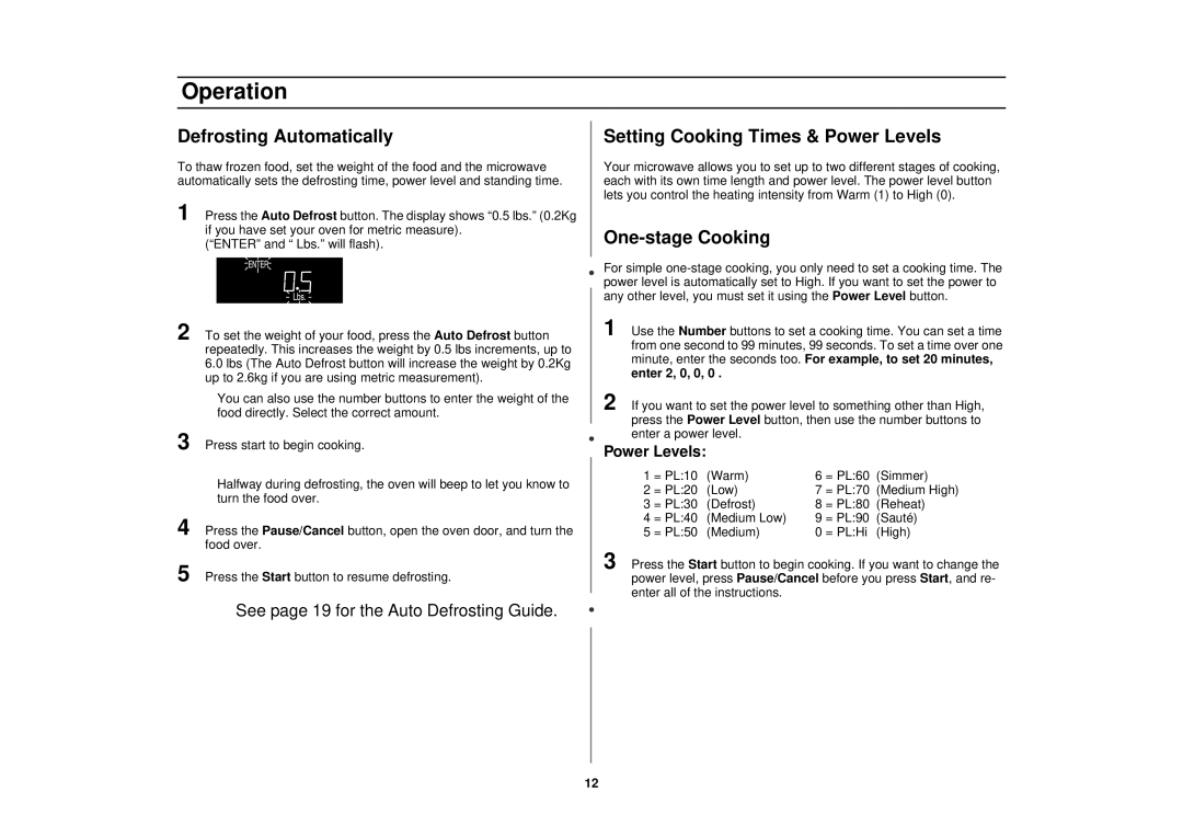 Samsung MR1033USC, MR1031UWC, MR1032UBC Defrosting Automatically, Setting Cooking Times & Power Levels, One-stage Cooking 