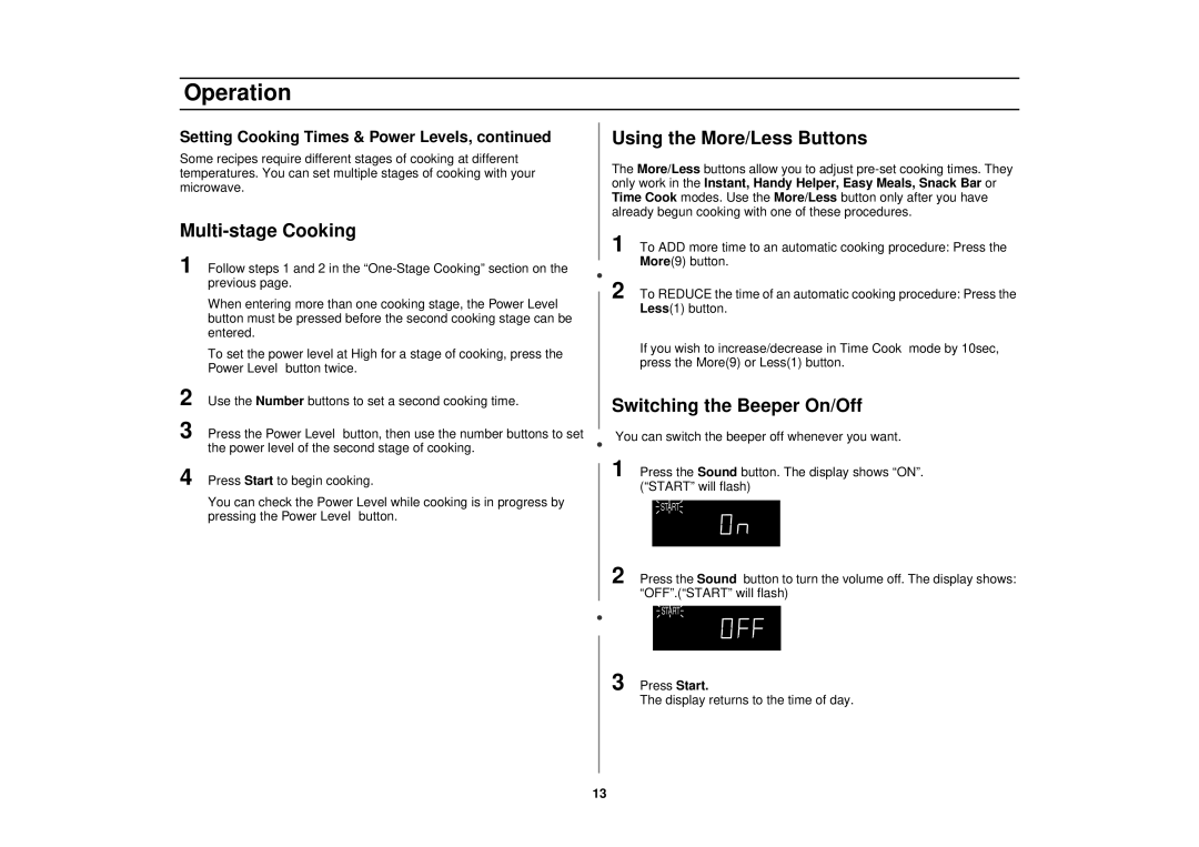 Samsung MR1031UWC, MR1033USC, MR1032UBC manual Using the More/Less Buttons, Switching the Beeper On/Off 