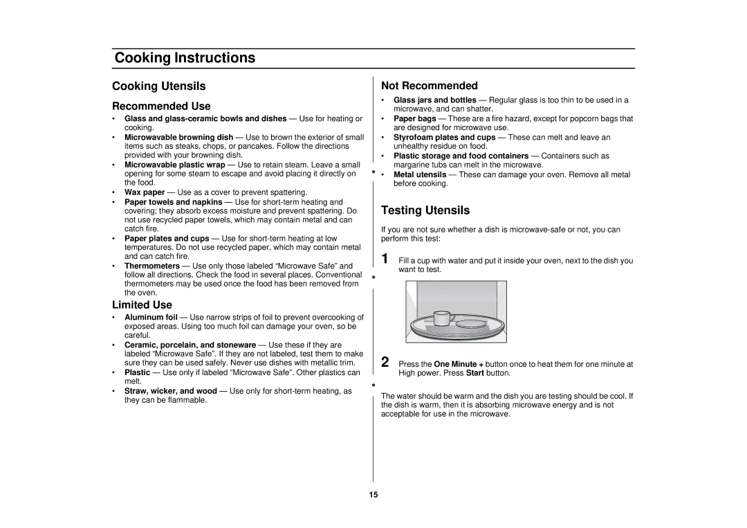 Samsung MR1033USC, MR1031UWC, MR1032UBC manual Cooking Instructions, Cooking Utensils, Testing Utensils 