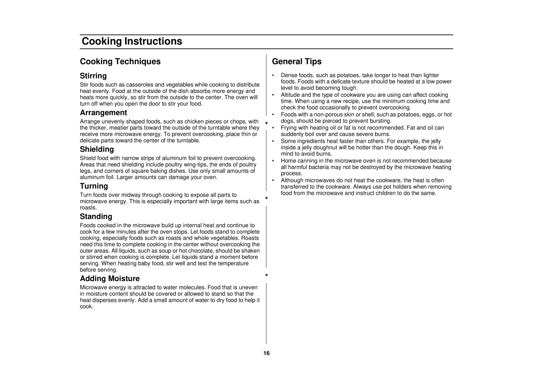 Samsung MR1031UWC, MR1033USC, MR1032UBC manual Cooking Techniques, General Tips 