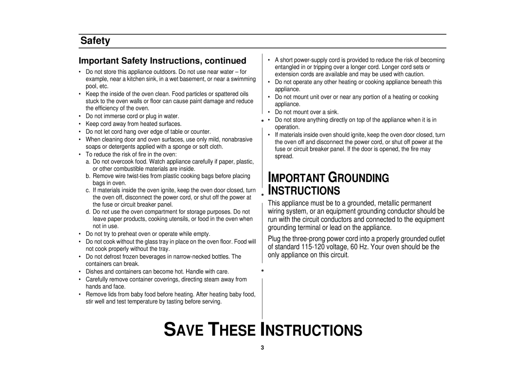 Samsung MR1033USC, MR1031UWC, MR1032UBC manual Important Grounding Instructions 