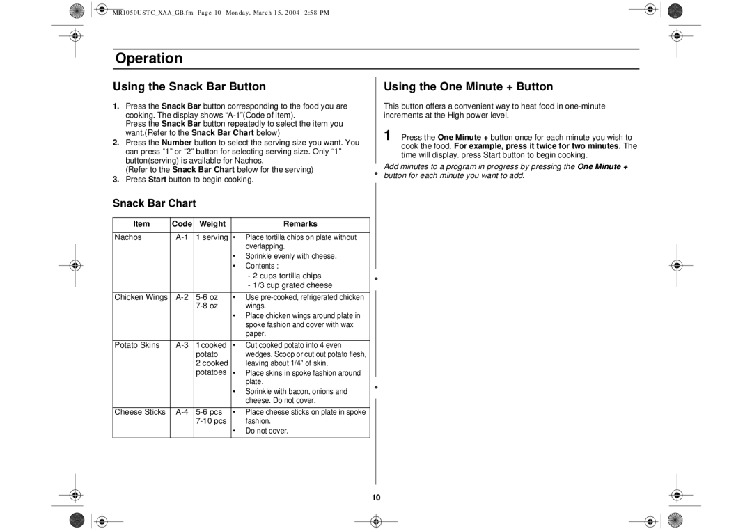 Samsung MR1050USTC owner manual Using the Snack Bar Button, Using the One Minute + Button, Snack Bar Chart 